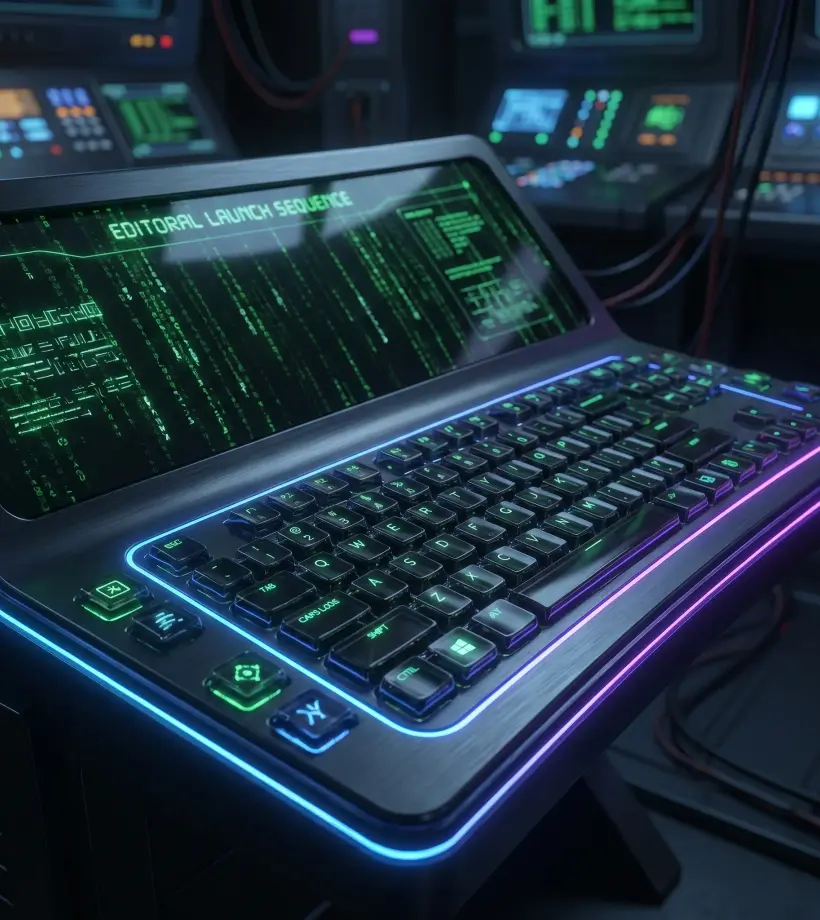 Close view of a neon terminal console used for editorial launch planning