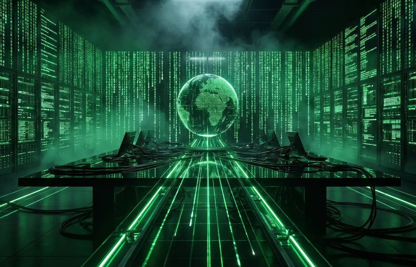 Neon green matrix command room with publishing launch consoles
