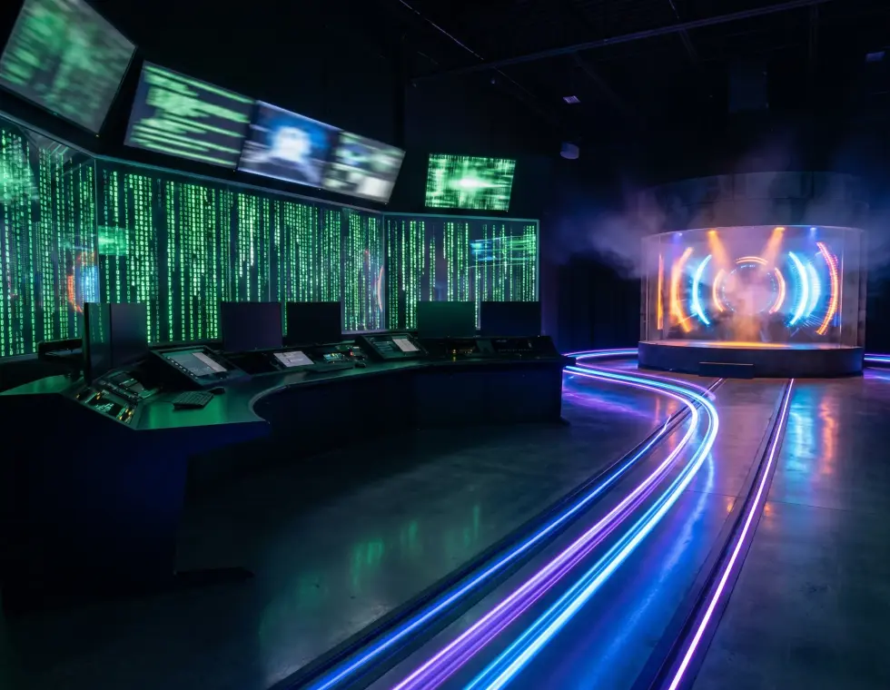 Dark neon publishing launch room with glowing rails and command desk