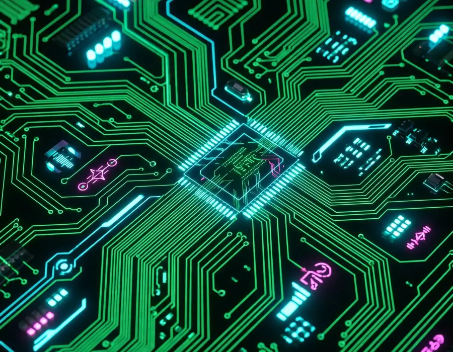 Abstract neon publishing relay board with glowing routes and editorial checkpoints