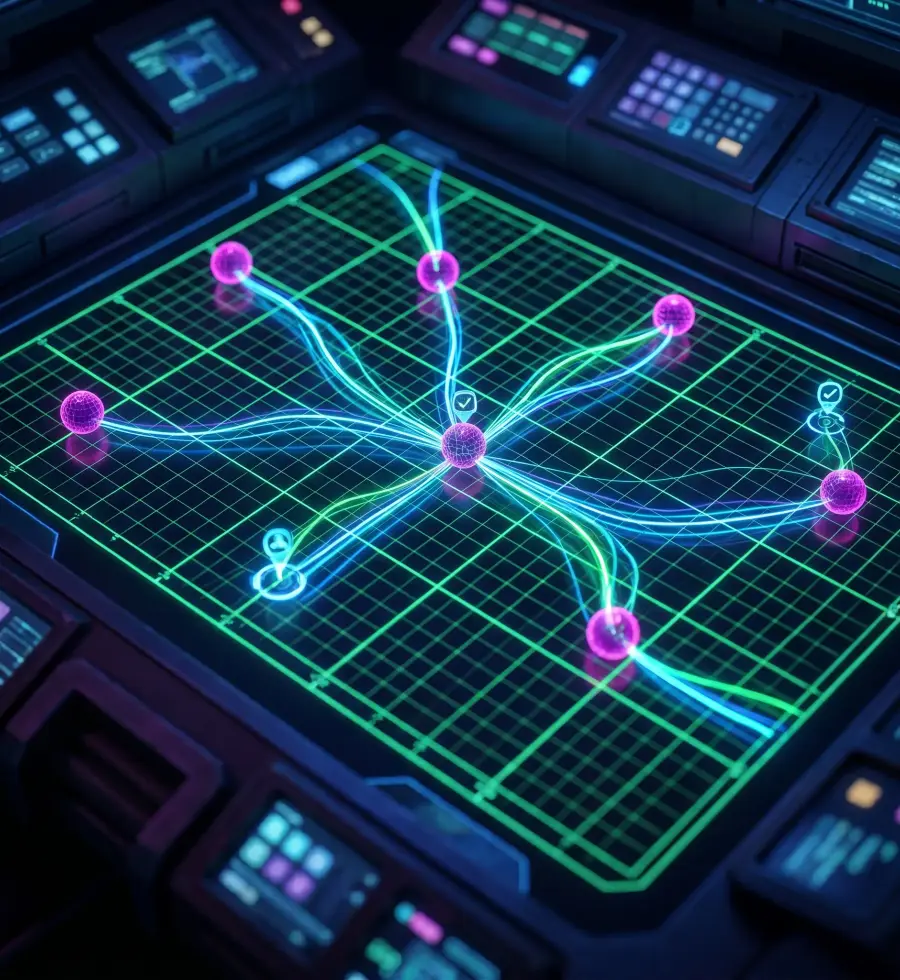 Neon matrix map of publishing signals moving through checkpoints